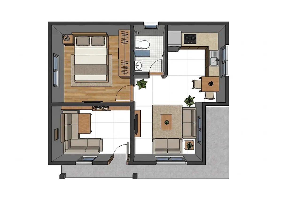 Denah Rumah 5x6 dengan 1 Kamar Tidur